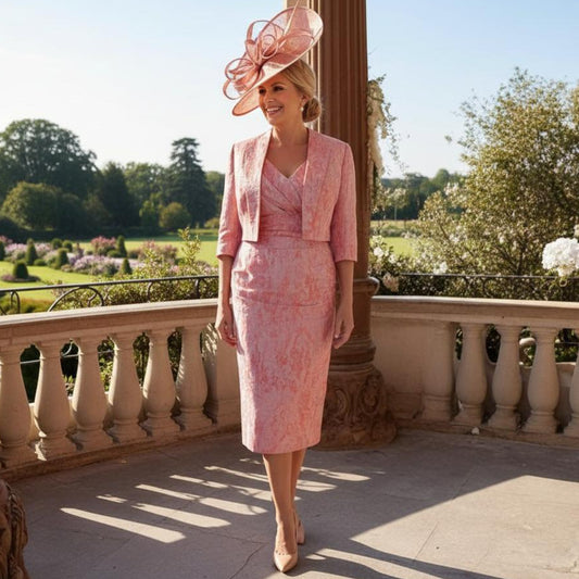 Woman in a John Charles Pink two piece outfit as Mother of the bride. Signature Dress