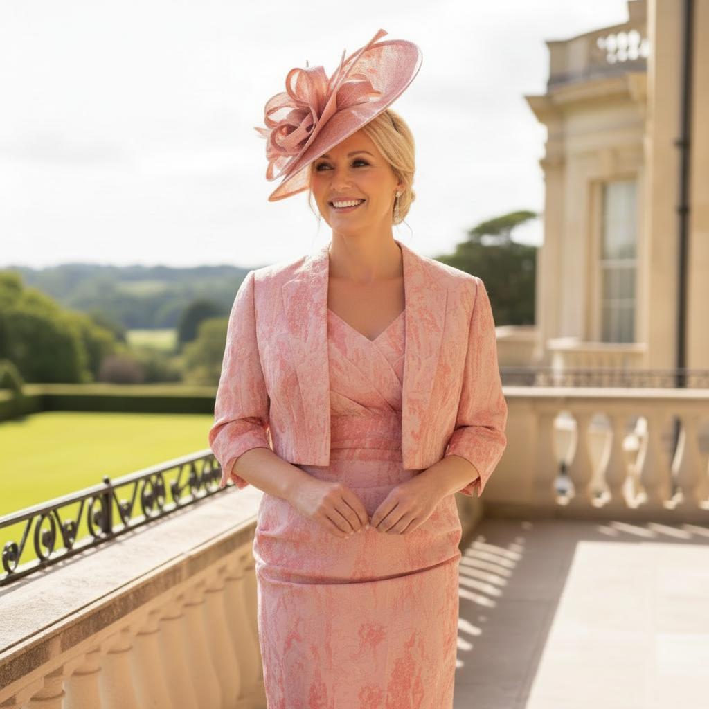 Woman in a John Charles Pink two piece outfit as Mother of the bride. Signature Dress