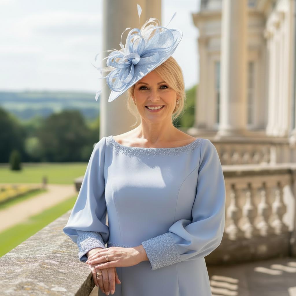 Woman wearing a John Charles blue mother of the dress ith sleeves, she is wearing a matching light blue fascinator to a wedding. Signature Dress.