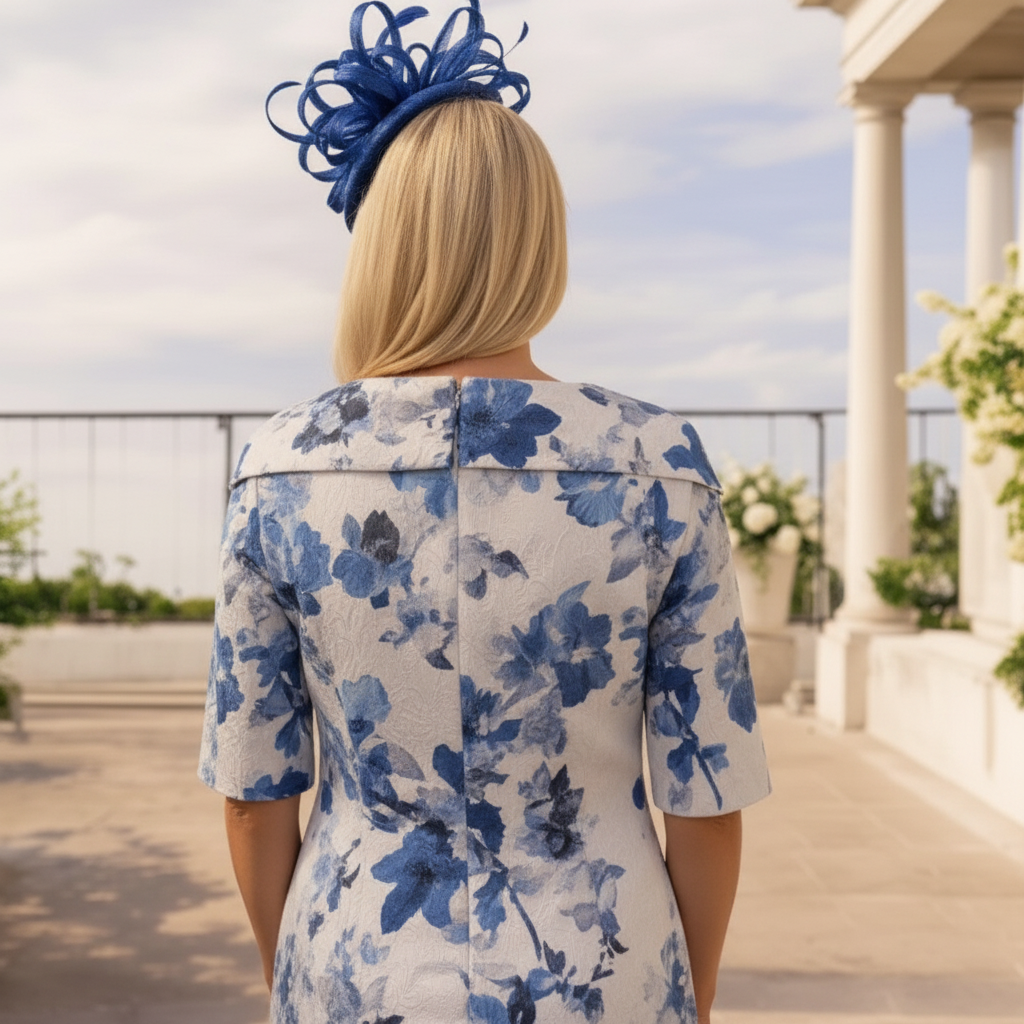 john charles blue floral mother of the bride dress with half sleeves. Signature Dress