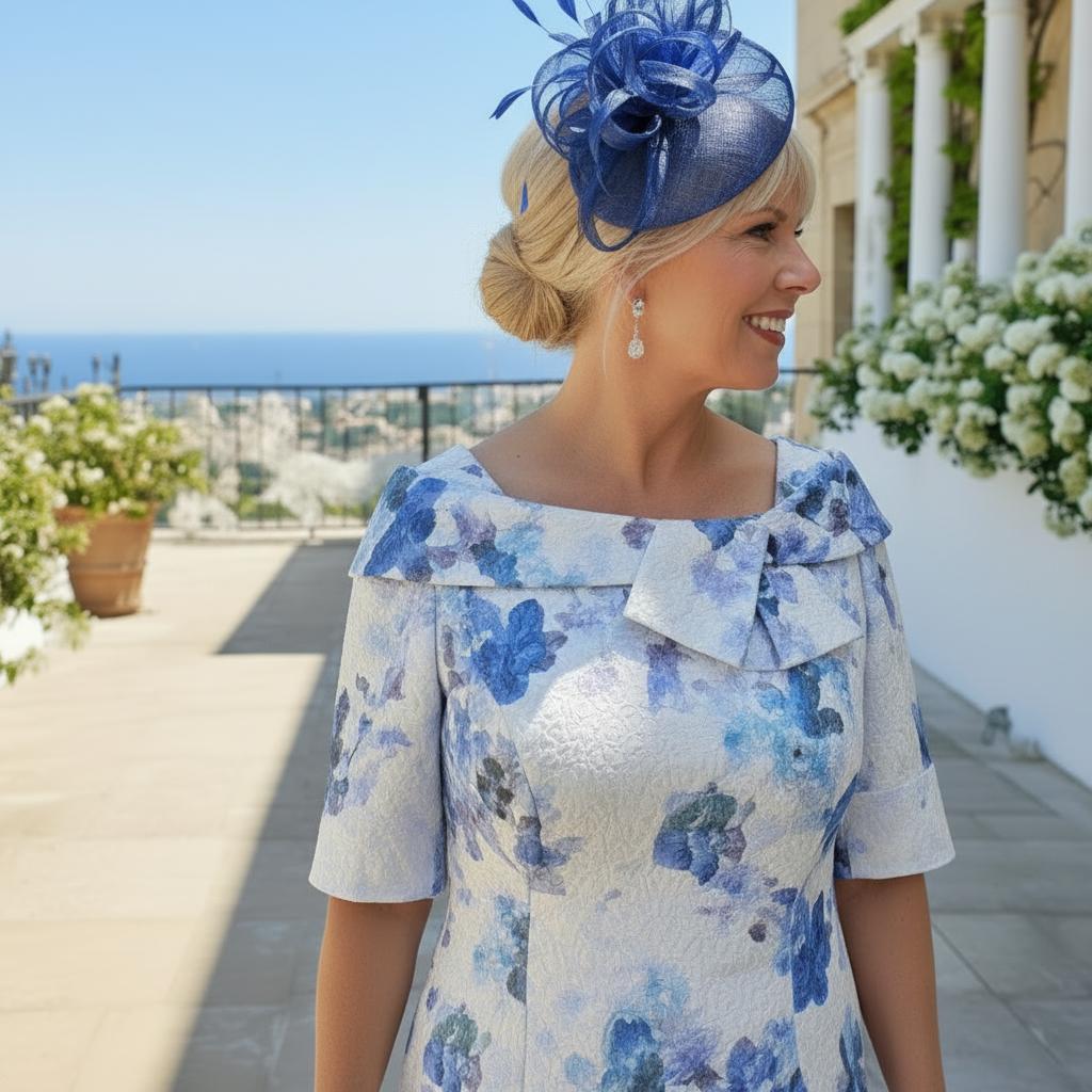 john charles blue floral mother of the bride dress with half sleeves. Signature Dress