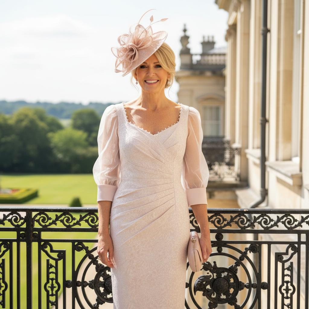 John Charles Pink sweetheart neck dress with 3/4 sleeves. Signature Dress