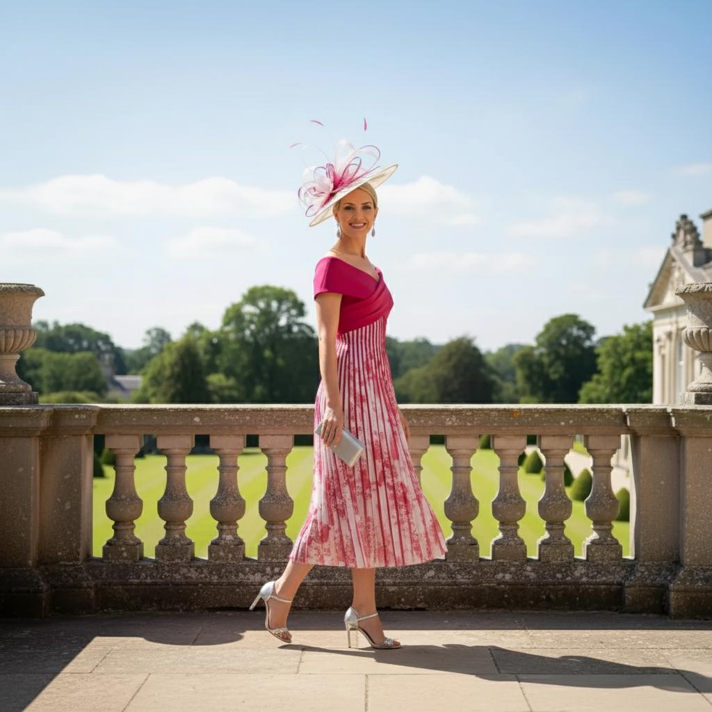 Woman in a pink and white john charles dress with a matching hat standing on a balcony with greenery in the background