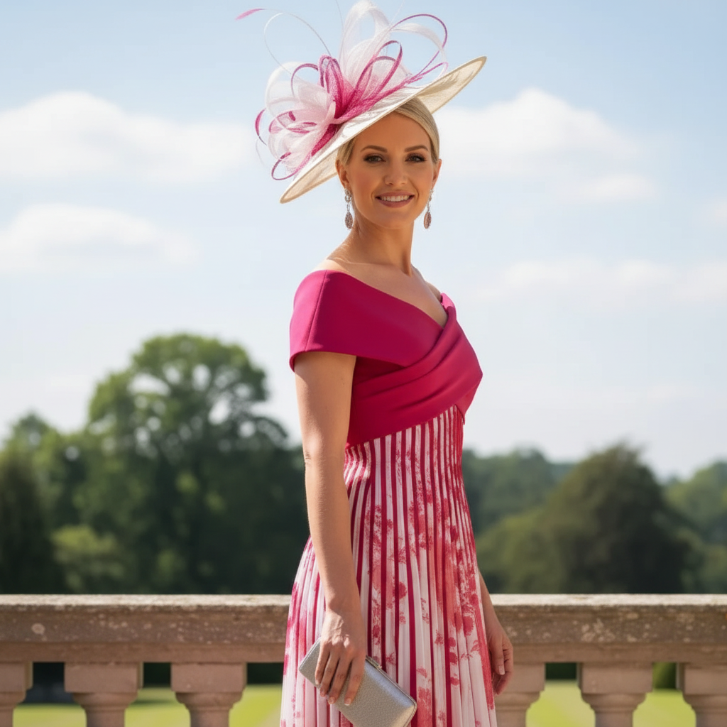 Woman in a pink and white john charles dress with a matching hat standing on a balcony with greenery in the background