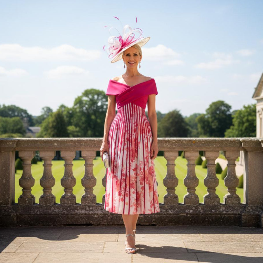 Woman in a pink and white john charles dress with a matching hat standing on a balcony with greenery in the background