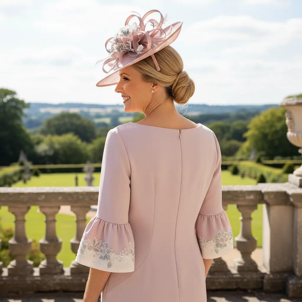 Woman in a light blush pink John Charles mother of the bride dress and matching pink fascinator hat standing on a balcony with a scenic background. Signature Dress.