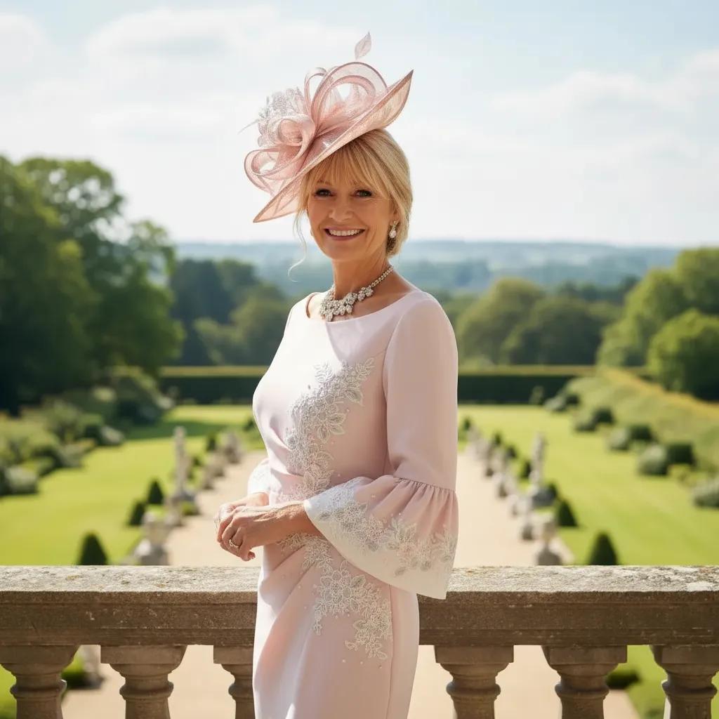 Woman in a light blush pink John Charles mother of the bride dress and matching pink fascinator hat standing on a balcony with a scenic background. Signature Dress.