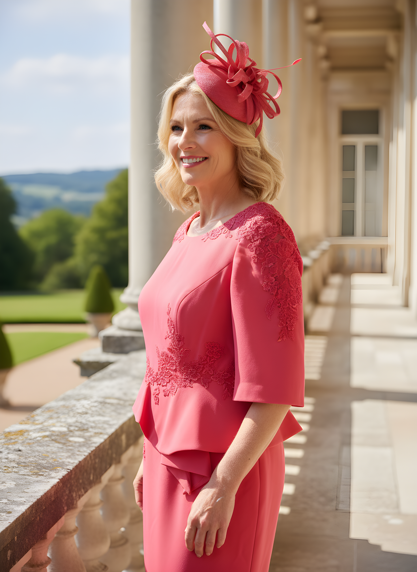 Woman in a pink dress and hat standing in front of a classical building with greenery in the background