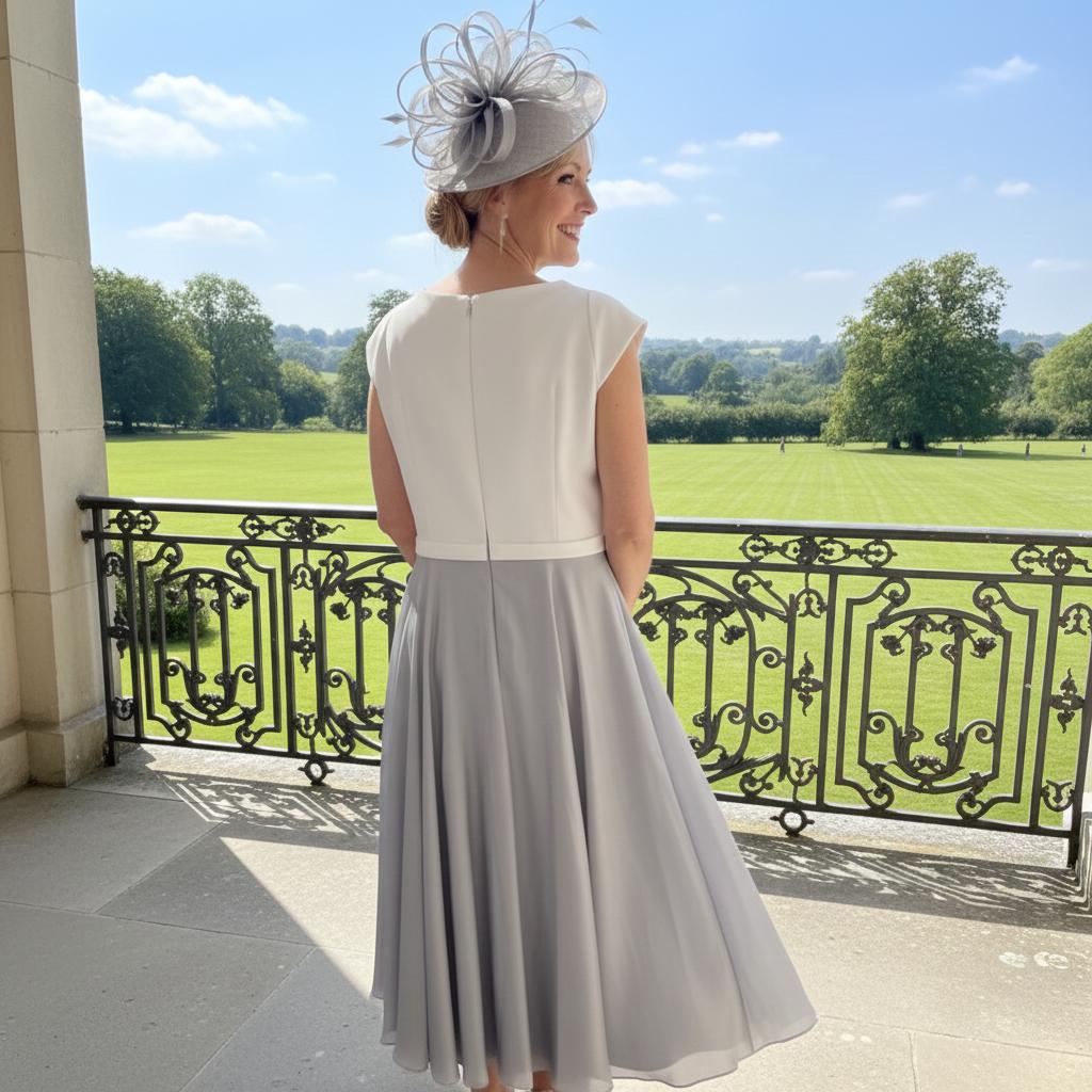 Woman in a John Charles Silver mother of the bride dress and matching silver fascinator standing on a stone balcony with a large building in the background. Signature Dress.