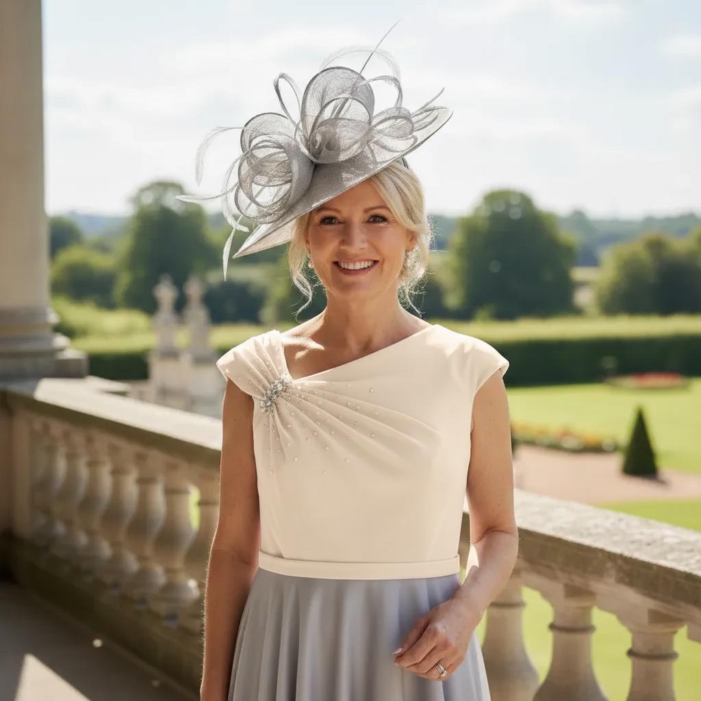 Woman in a John Charles Silver mother of the bride dress and matching silver fascinator standing on a stone balcony with a large building in the background. Signature Dress.