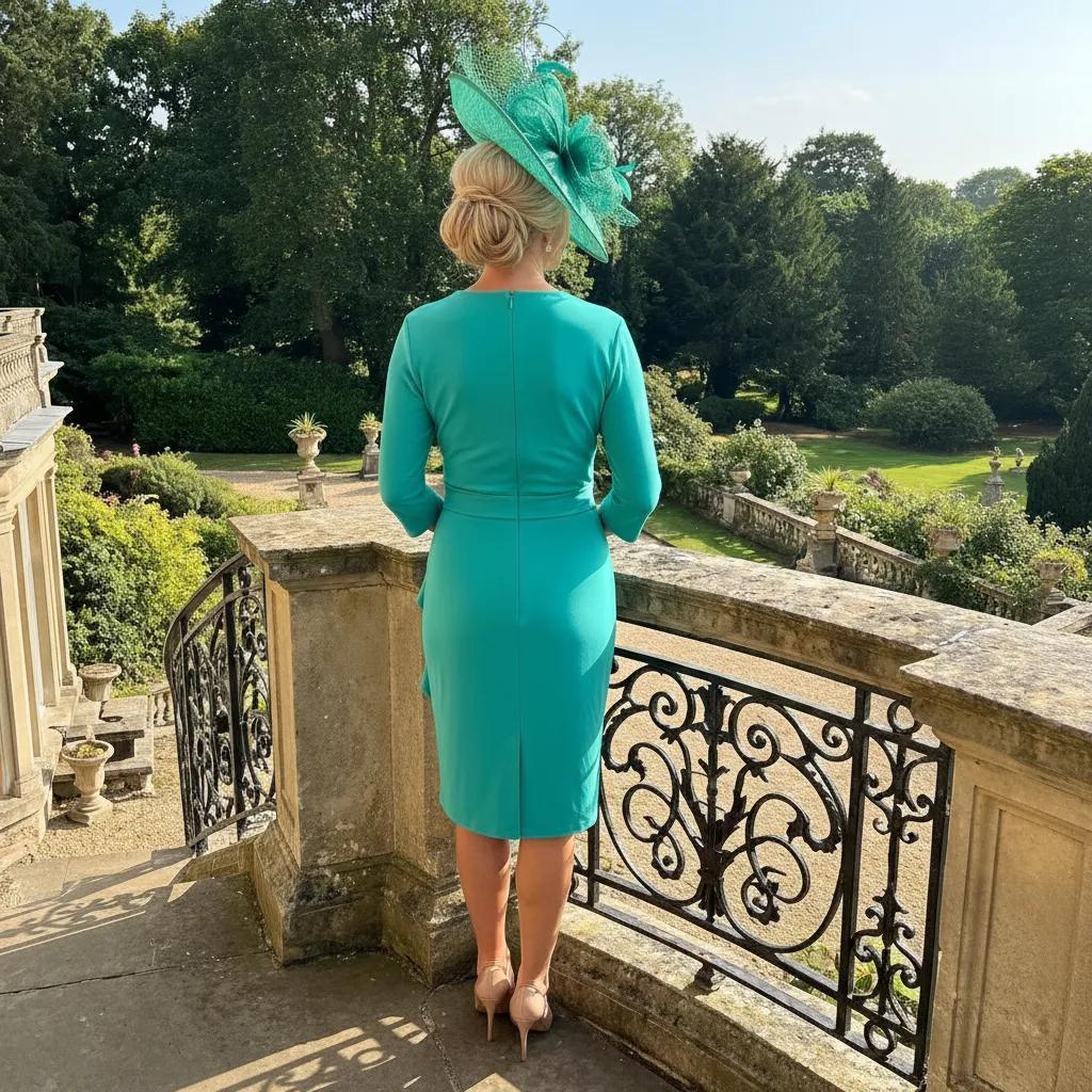 Woman in a green joseph ribkoff dress and hat standing on a balcony with a garden view.