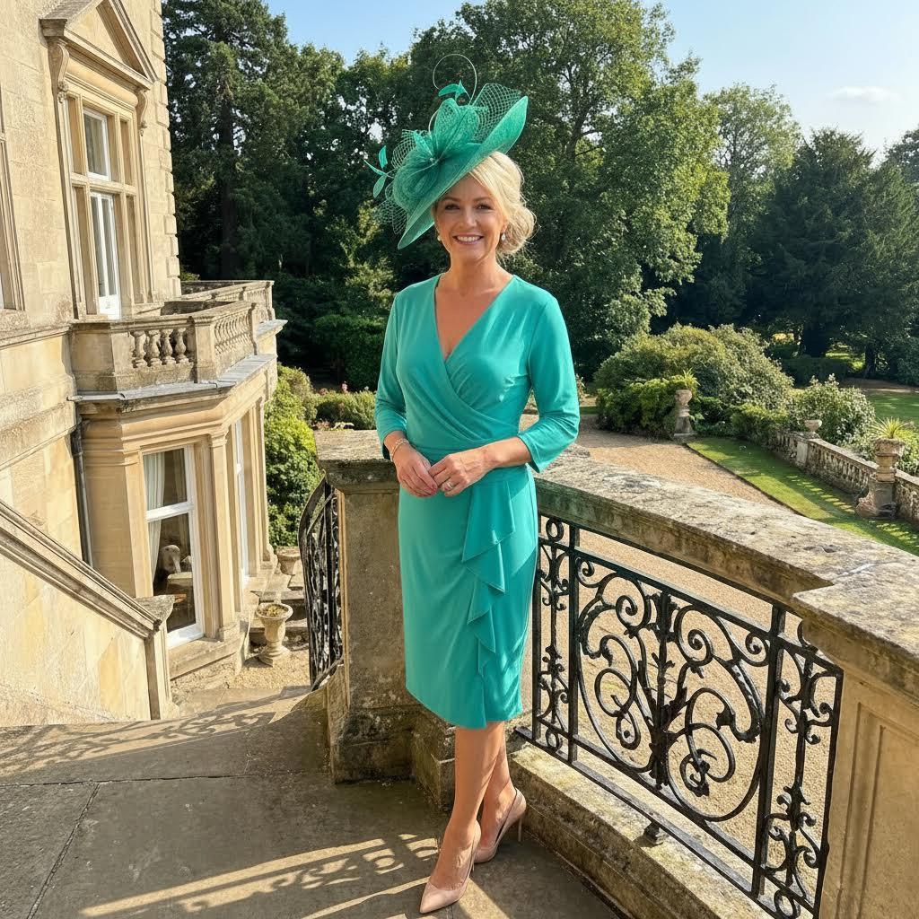 Woman in a turquoise Joseph ribkoff dress and fascinator hat standing on a balcony with greenery and a building in the background