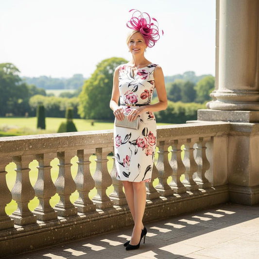 Woman in a floral joseph ribkoff dress. Signature Dress