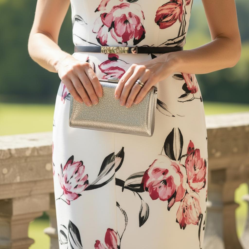 Woman in a floral joseph ribkoff dress. Signature Dress