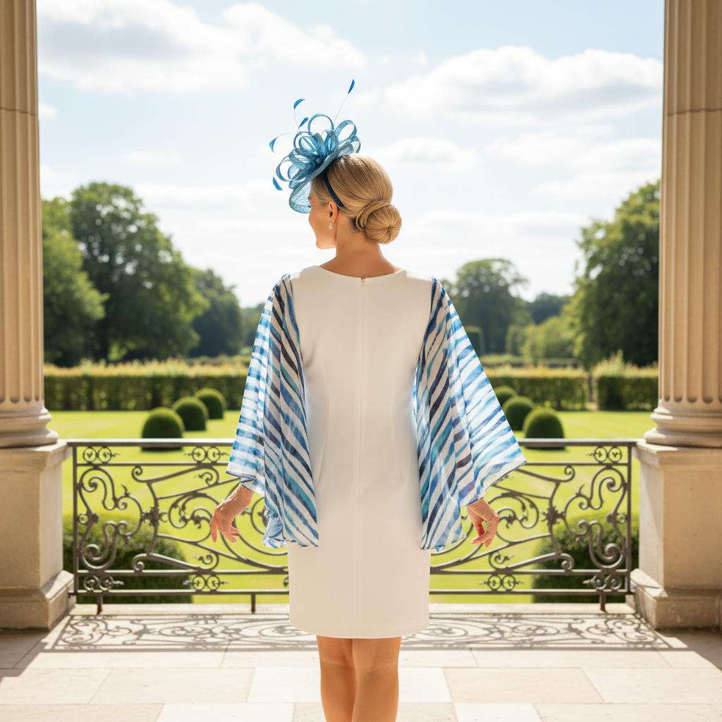Woman in a Joseph Ribkoff white dress with a blue and white striped sleeves standing in a garden. Signature Dress.