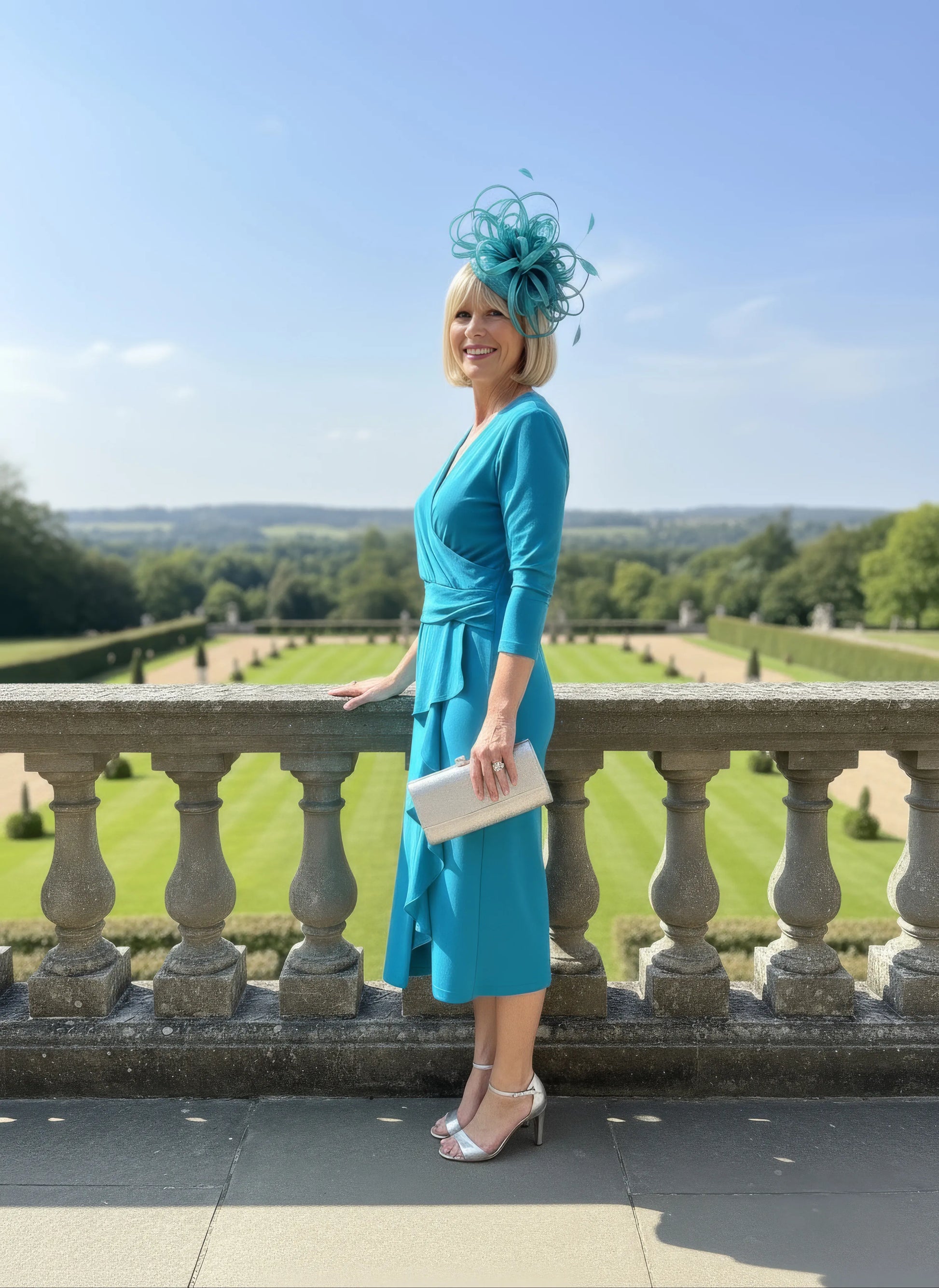 Woman in a turquoise dress by Joseph ribkoff standing on a stone balcony with a scenic background