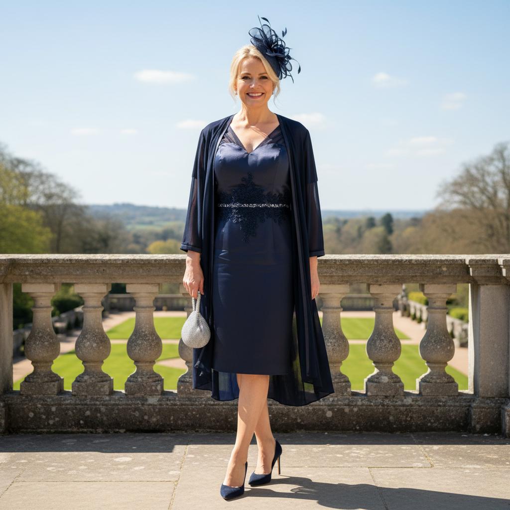 Woman in a navy satin dress with a long matching coat as mother of the bride - Signature Dress