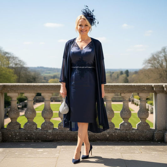 Woman in a navy satin dress with a long matching coat as mother of the bride - Signature Dress