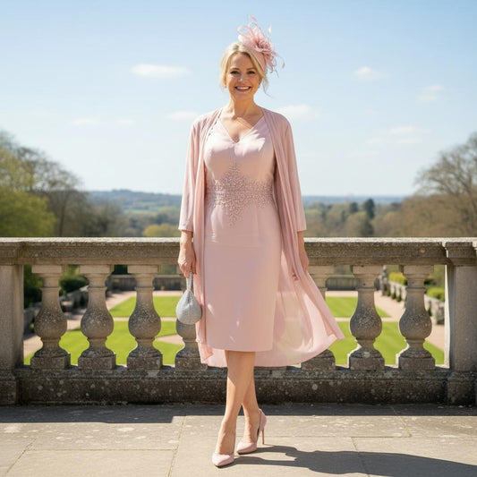 Woman in a light pink mother of the bride dress with a matching lightweight jacket - Signature Dress