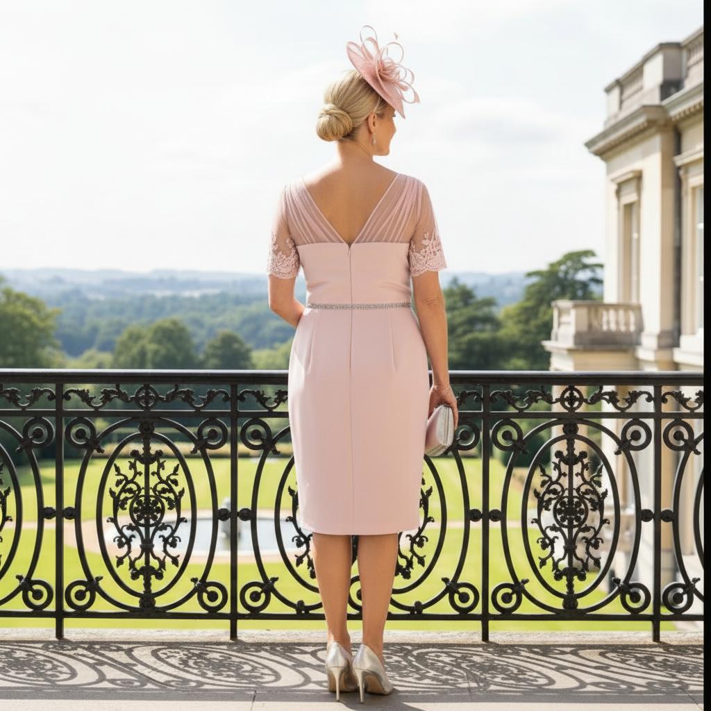 Woman in a light pink mother of the bride dress with a matching lightweight jacket - Signature Dress