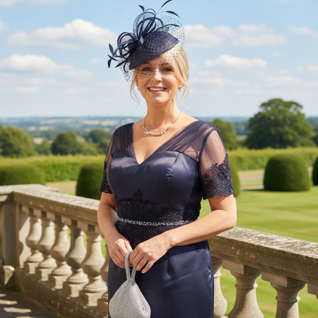 Woman in a navy satin dress with a long matching coat as mother of the bride - Signature Dress
