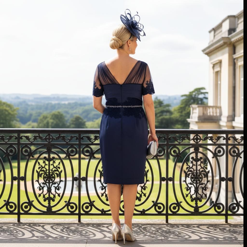 Woman in a navy satin dress with a long matching coat as mother of the bride - Signature Dress