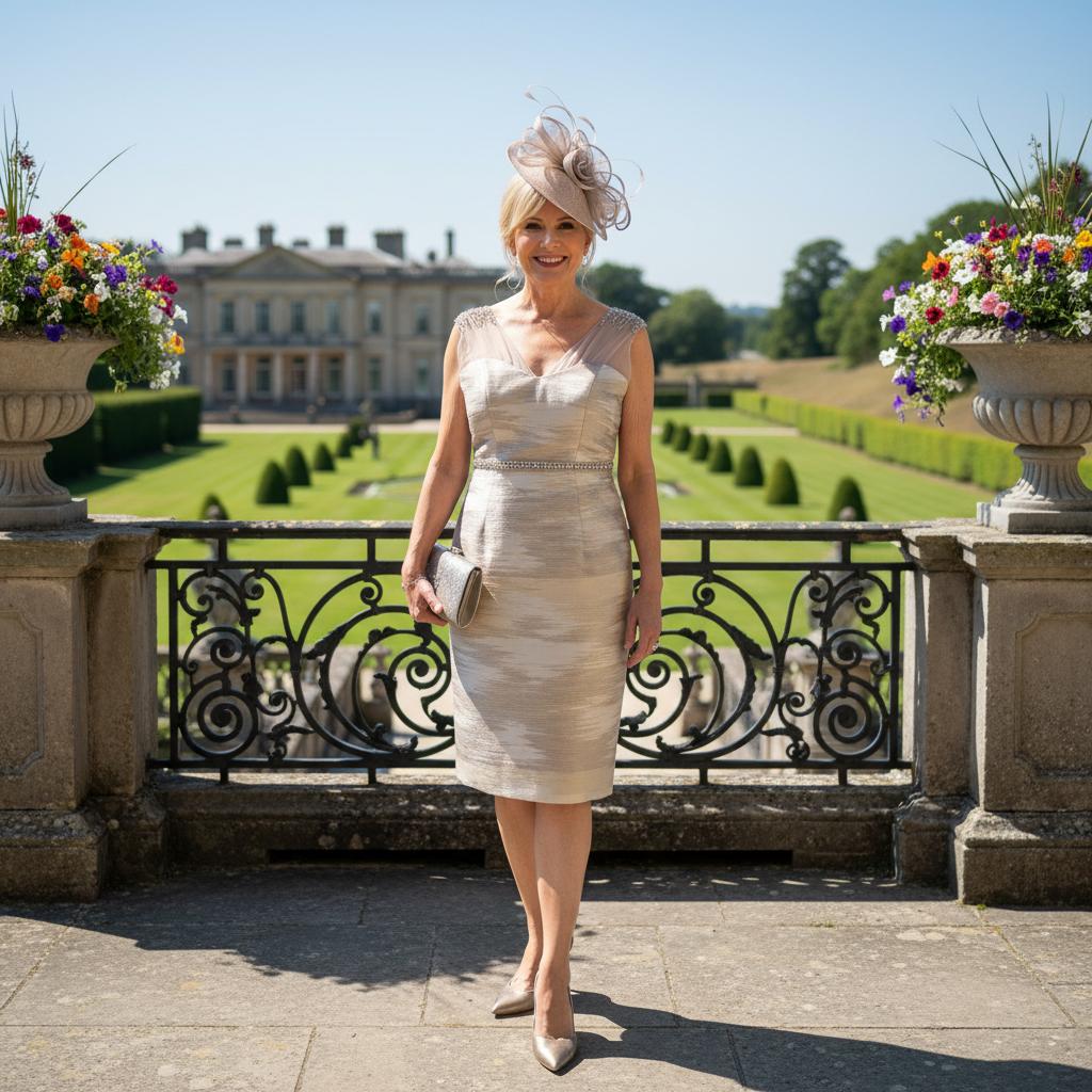 Woman in a light-colored dress standing in a formal garden setting with a large house in the background.