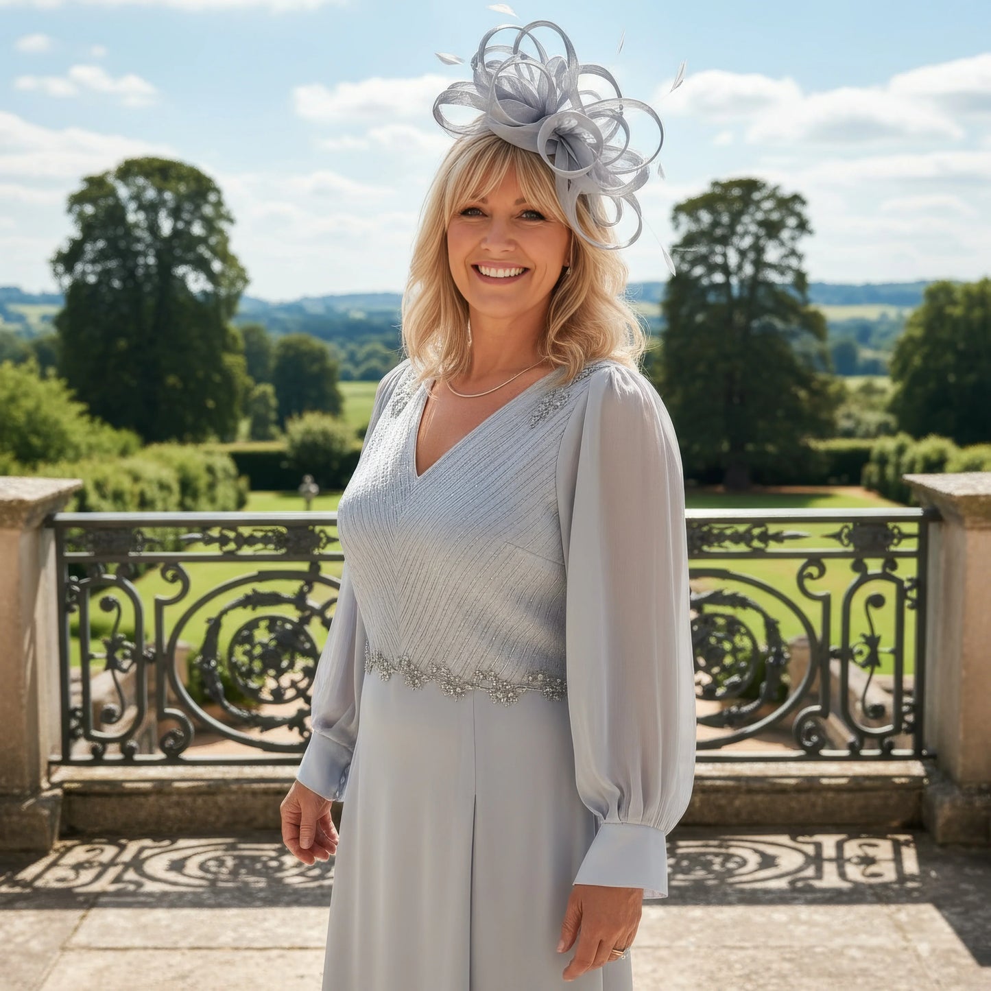 oman in a light grey Lizabella Mother of the bride dress and hat standing on a balcony with a scenic background