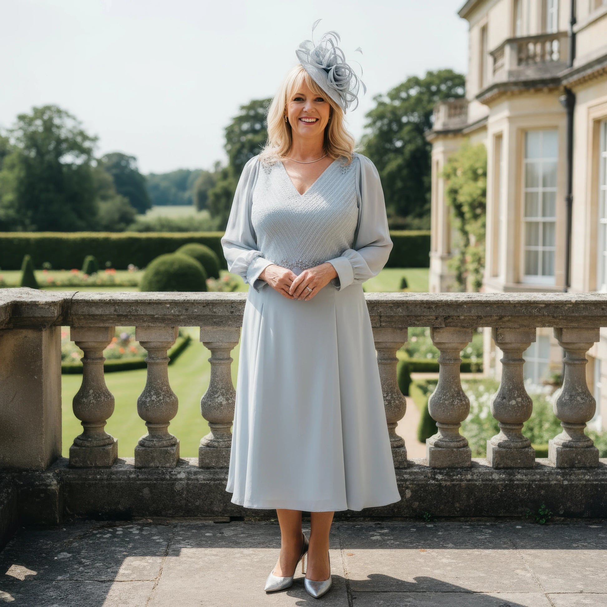 oman in a light grey Lizabella Mother of the bride dress and hat standing on a balcony with a scenic background