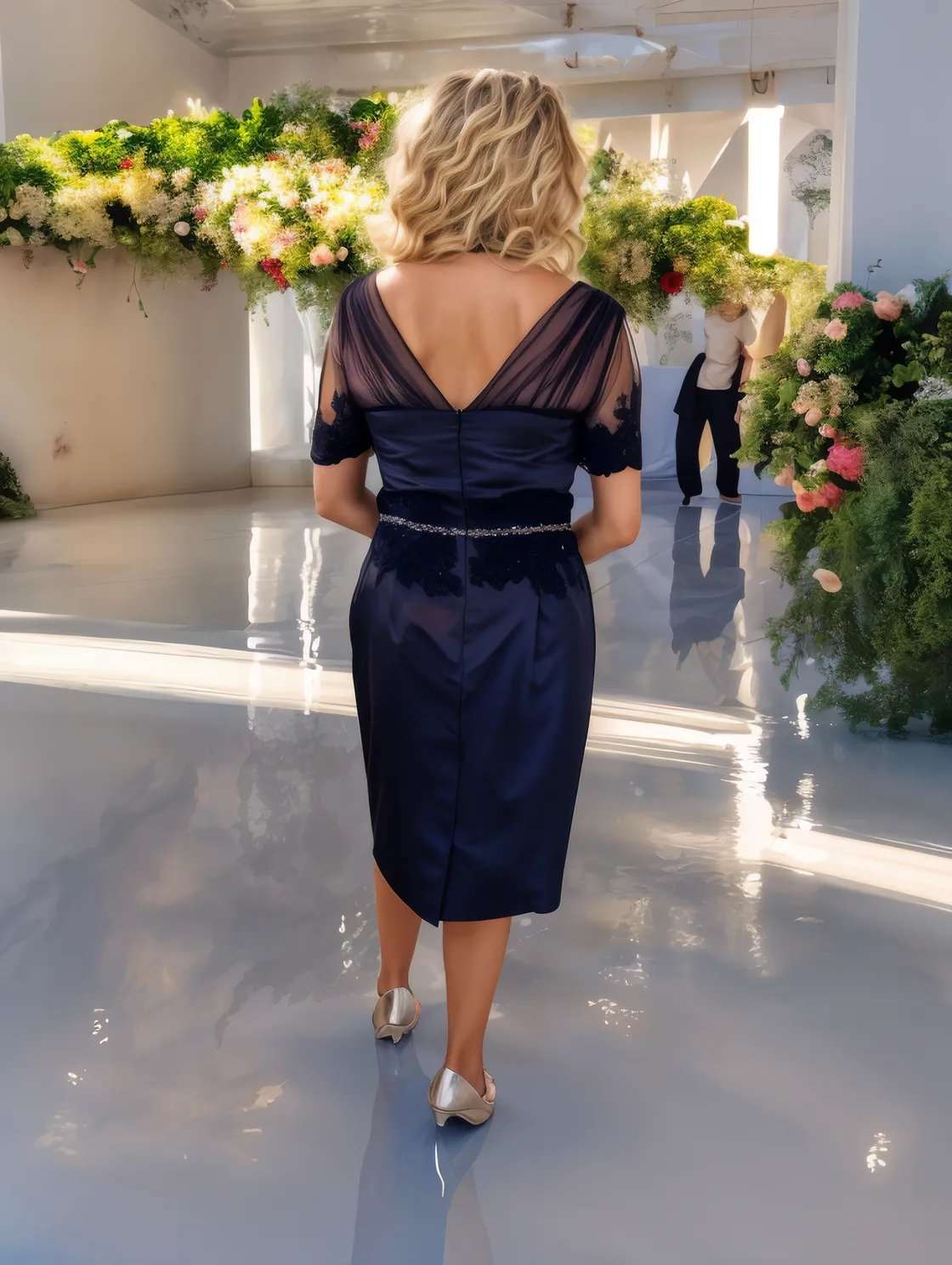 stunning two-piece outfit crafted in navy satin, featuring 3/4 lace sleeves and embellished detailing, true elegance to any Mother of the Bride ensemble. 