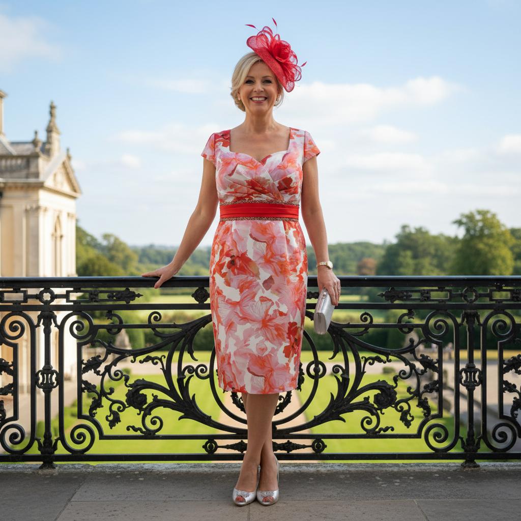 Woman in a red 2 piece outfit with a floral pattern - Signature Dress