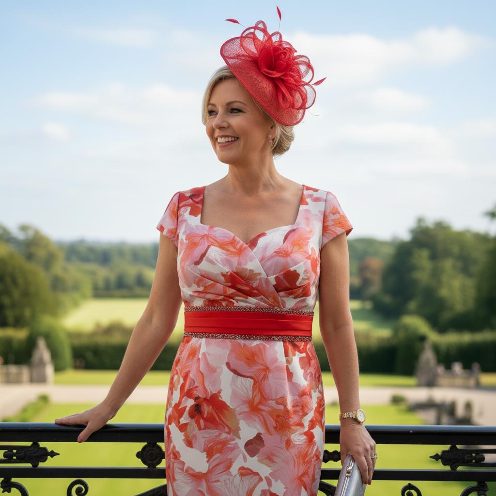 Woman in a red 2 piece outfit with a floral pattern - Signature Dress