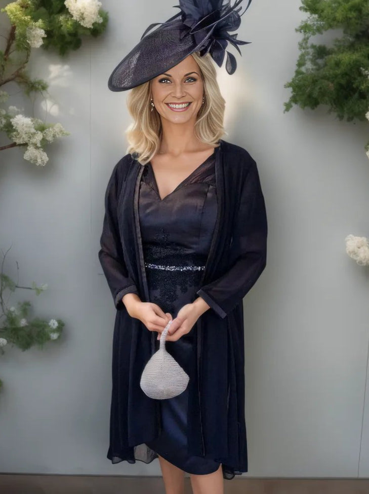 stunning two-piece outfit crafted in navy satin, featuring 3/4 lace sleeves and embellished detailing, true elegance to any Mother of the Bride ensemble. 