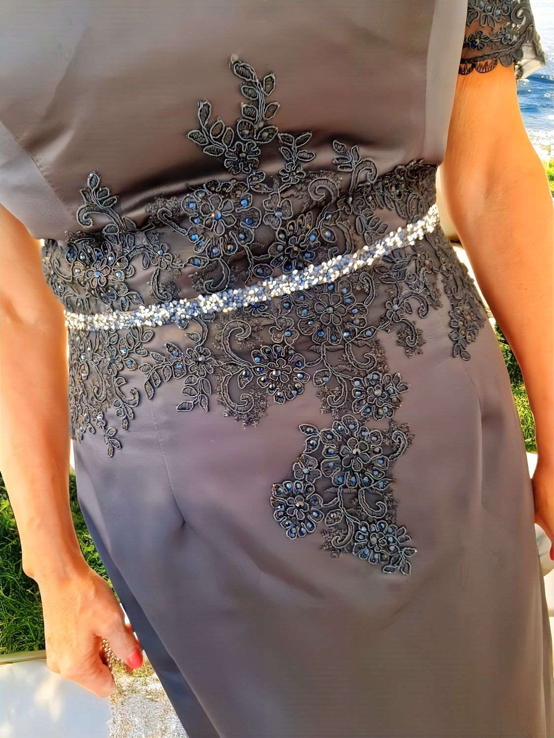 stunning two-piece outfit crafted in navy satin, featuring 3/4 lace sleeves and embellished detailing, true elegance to any Mother of the Bride ensemble. 