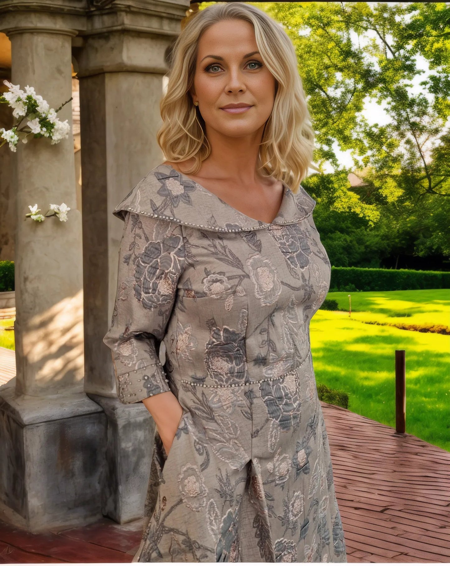 This gorgeous Lizabella champagne gold dress is a beautiful addition to any mother-of-the-bride or formal occasion wardrobe. With its floral metallic pattern and stunning bead and pearl accents,