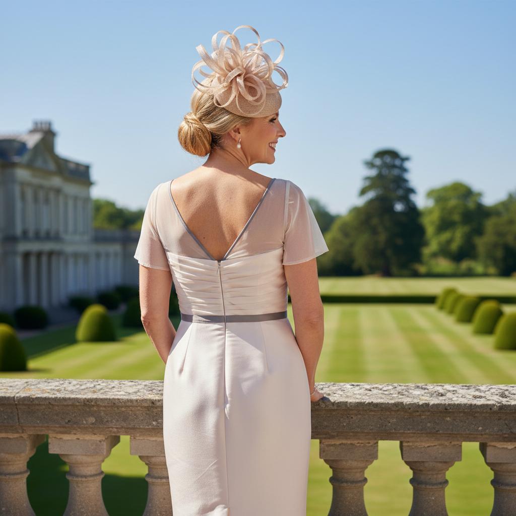 Woman wearing a Linea Raffaelli beige mother of the bride dress and matching fascinator ready for a wedding. Signature Dress.