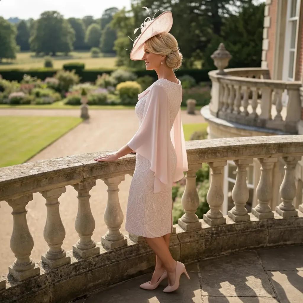 Woman in a lizabella pink dress standing on a balcony with a garden and building in the background
