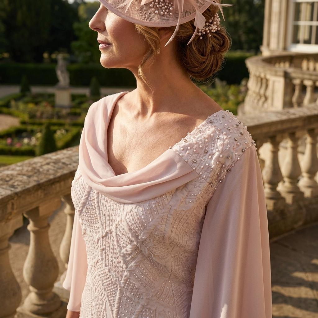 Woman in an elegant lizabella pink dress with a floral hat in a garden setting