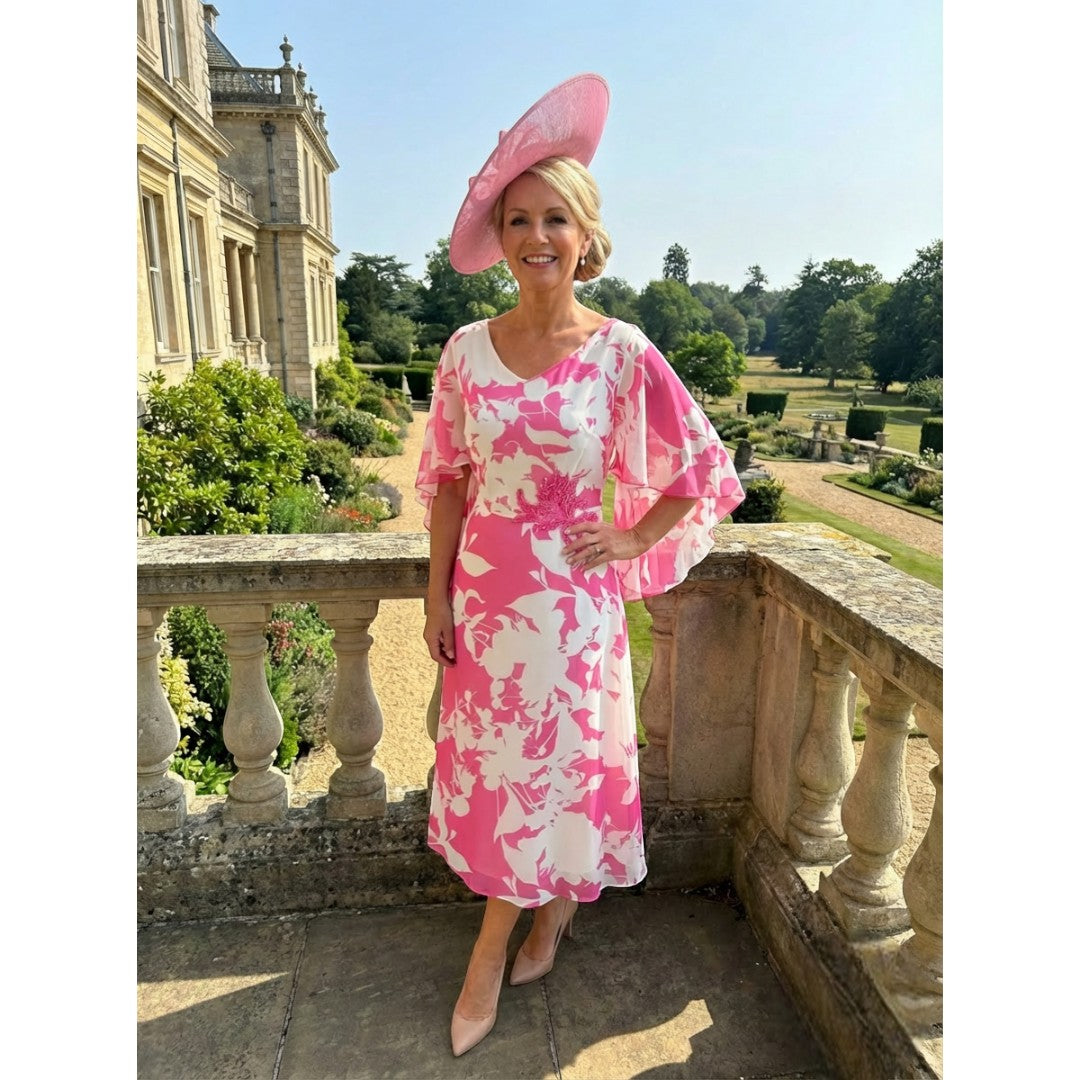 Hot pink mother of the bride dress by Lizabella, style 2664, floaty chiffon with embellished waist and flattering sheer sleeves