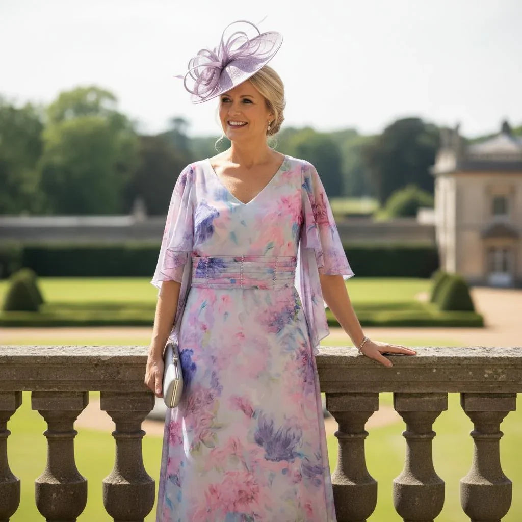 Woman in lizabella 2854 floral lilac mother of the bride dress and fascinator hat standing in a garden setting. 