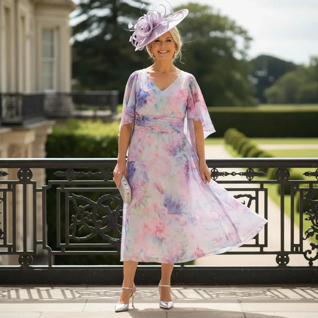 Woman in lizabella 2854 floral lilac mother of the bride dress and fascinator hat standing in a garden setting. 