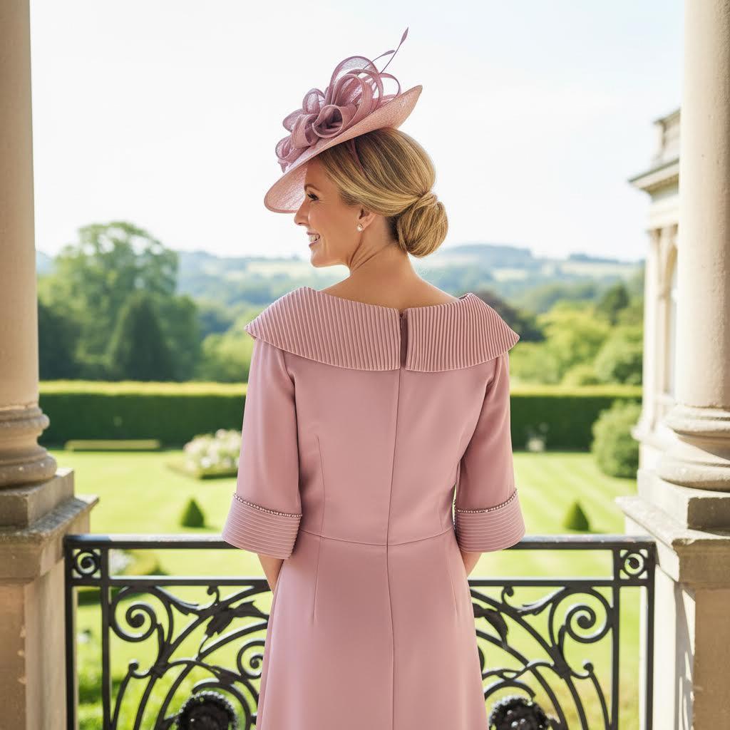 Mauve‑pink midi dress with pleated detailing and pearl embellishments, styled with a matching headpiece in a formal garden setting.