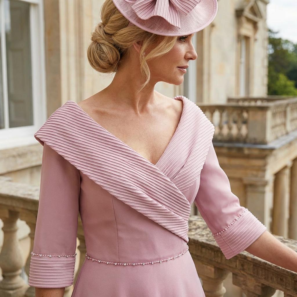 Elegant light pink midi dress with pleated V‑neckline and wide‑brimmed matching hat, photographed on a stone terrace with gardens behind.