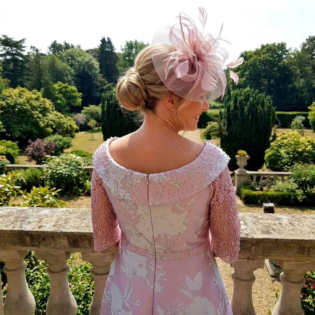 - Lizabella 2998 blush pink occasion dress with lace sleeves
