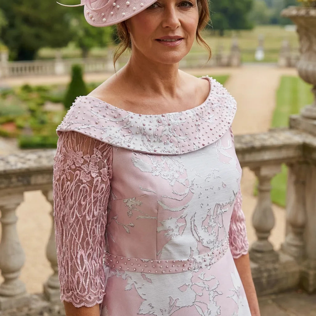 Blush pink midi dress with pearl neckline and lace sleeves