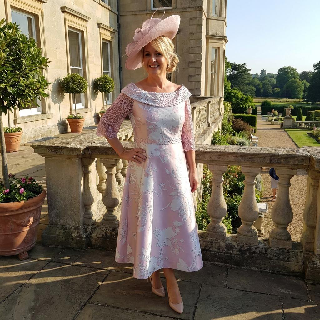 Mother of the bride dress in blush pink with pearl details