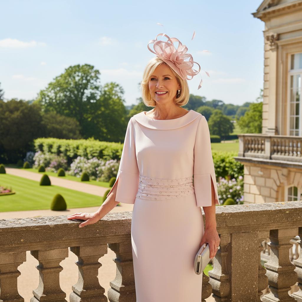 Woman in a Lizabella light pink mother of the bride dress. Signature Dress