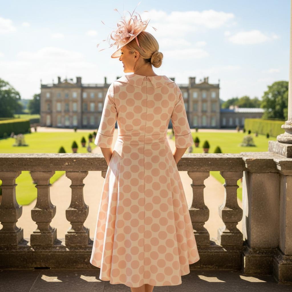 Woman in a Lizabella pink pokerdot spots mother of the bride dress and blush pink fascinator hat standing on a balcony with a scenic view of greenery. Signature Dress.