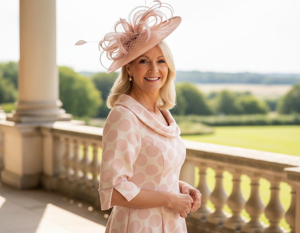 Woman in a Lizabella pink pokerdot spots mother of the bride dress and blush pink fascinator hat standing on a balcony with a scenic view of greenery. Signature Dress.