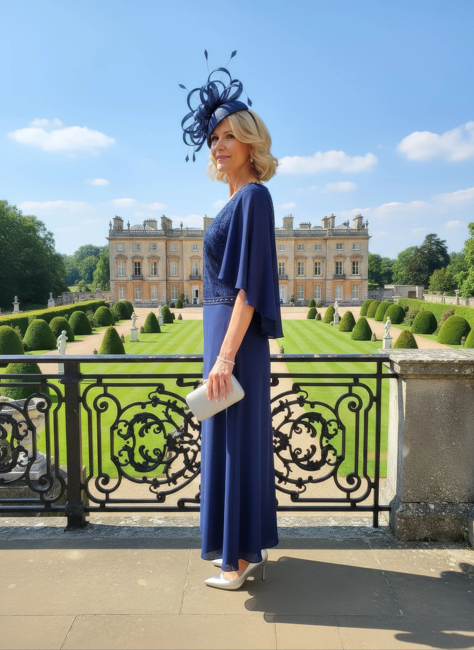 Woman in a cobalt blue dress and hat standing in front of a formal garden wedding setting. Lizabella 2344 - Signature Dress